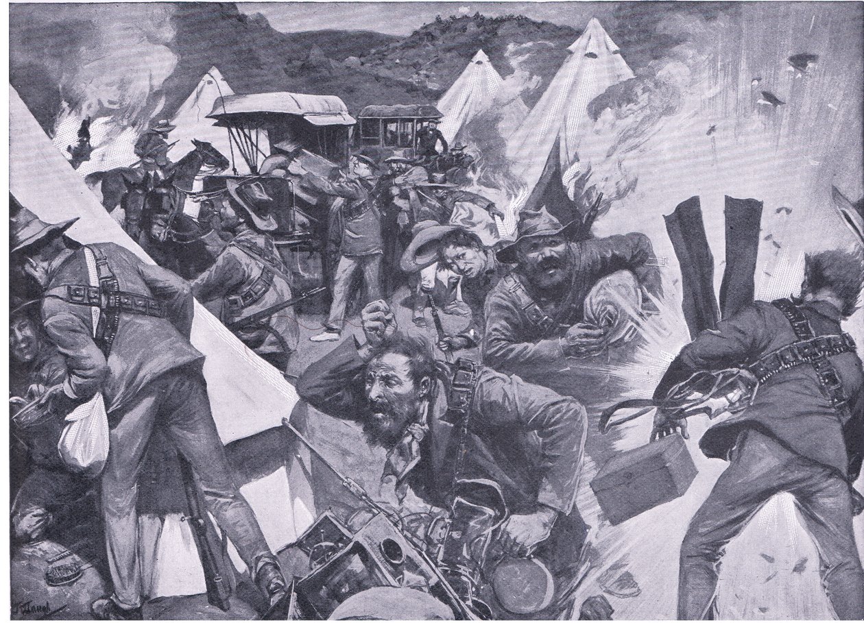 Boere som plyndrer den britiske leiren ved Nooitgedacht under artilleriild, fra After Pretoria: The Guerilla War utgitt av Harmsworth Bros Limited, 1901 av Frederick Judd Waugh