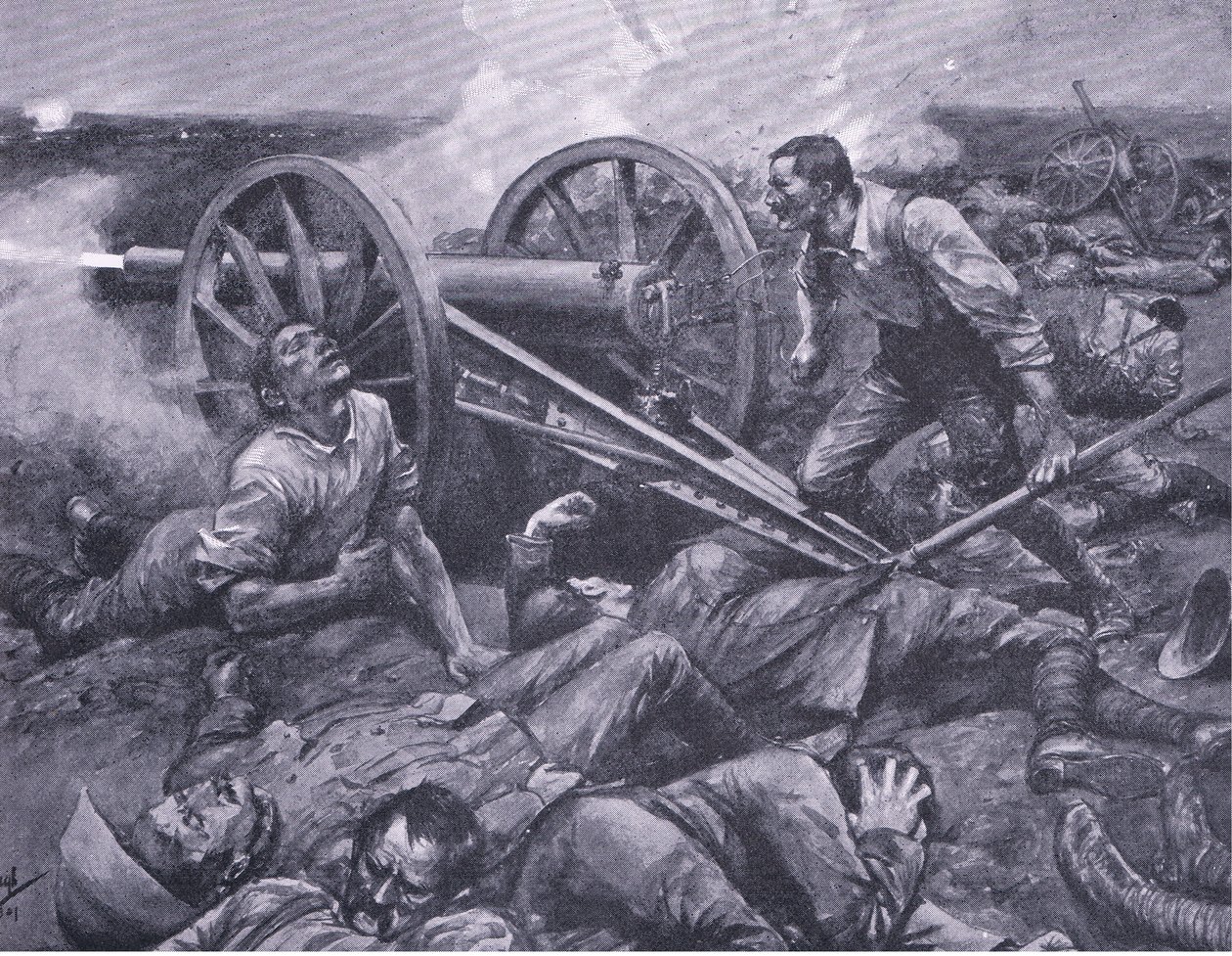 Forsvaret av Dewetsdorp: arbeider med en 15 punds enhånds, illustrasjon fra After Pretoria: The Guerilla War, 1902 av Frederick Judd Waugh