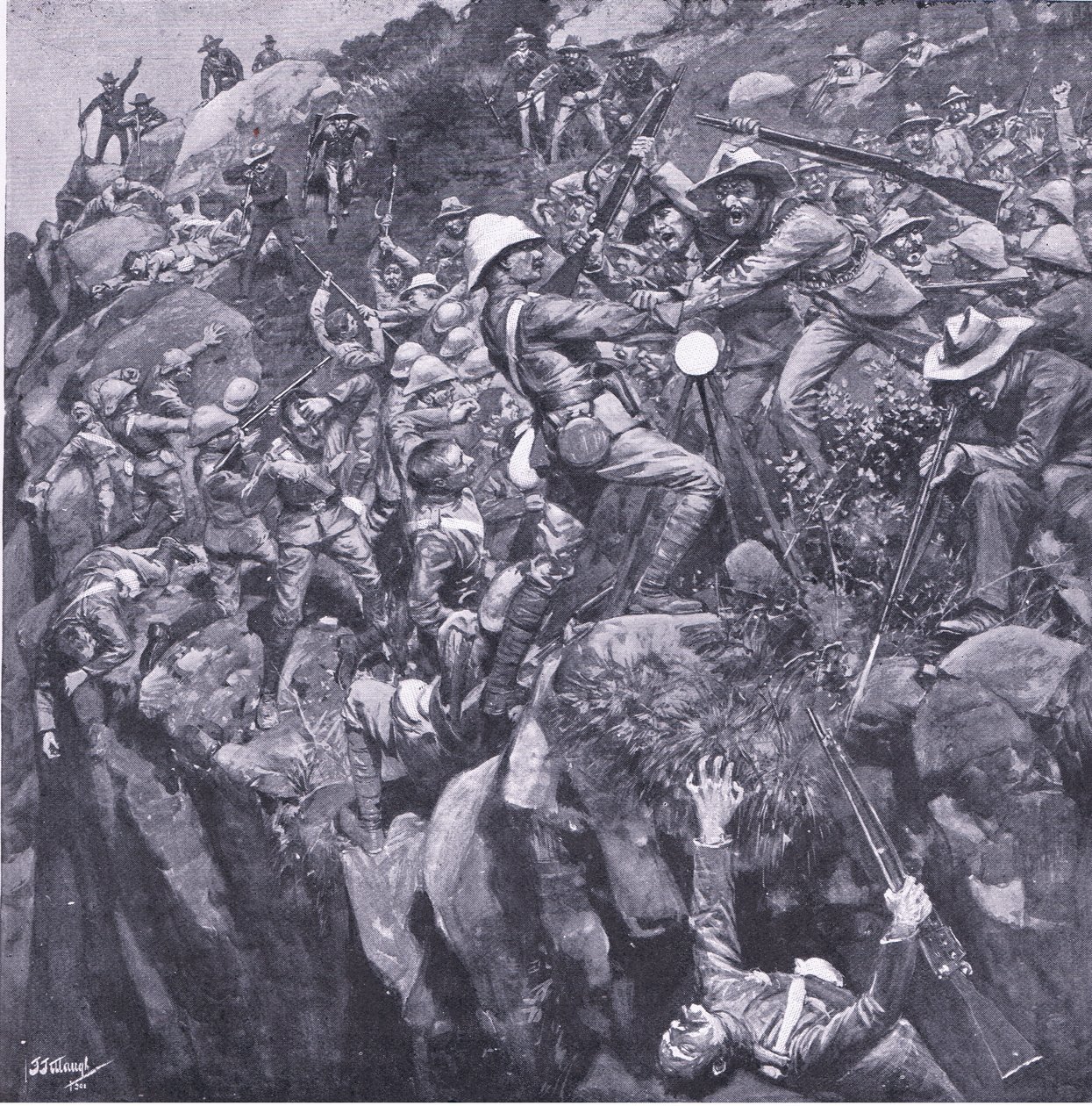 Katastrofen ved Nooitgeddacht: The end of a brave signaller, fra After Pretoria: The Guerilla War utgitt av Harmsworth Bros Limited, 1901 av Frederick Judd Waugh