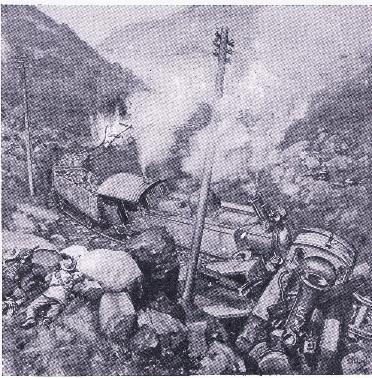 Ødeleggelsen av et pansret tog nær Vlakfontein, illustrasjon fra After Pretoria: The Guerilla War, 1902 av Frederick Judd Waugh