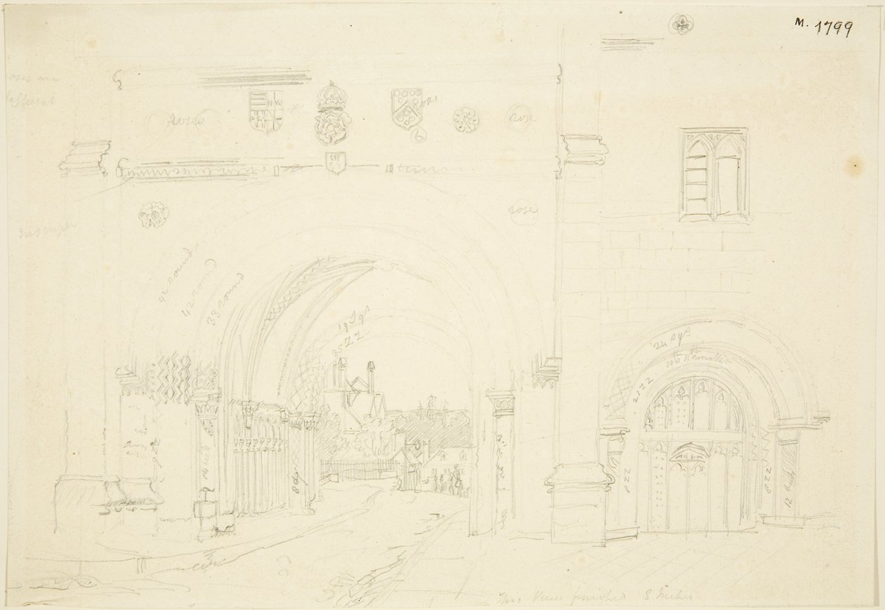 Abbey Gatehouse of Bristol Cathedral, Looking South (blyant på papir) av Frederick Mackenzie