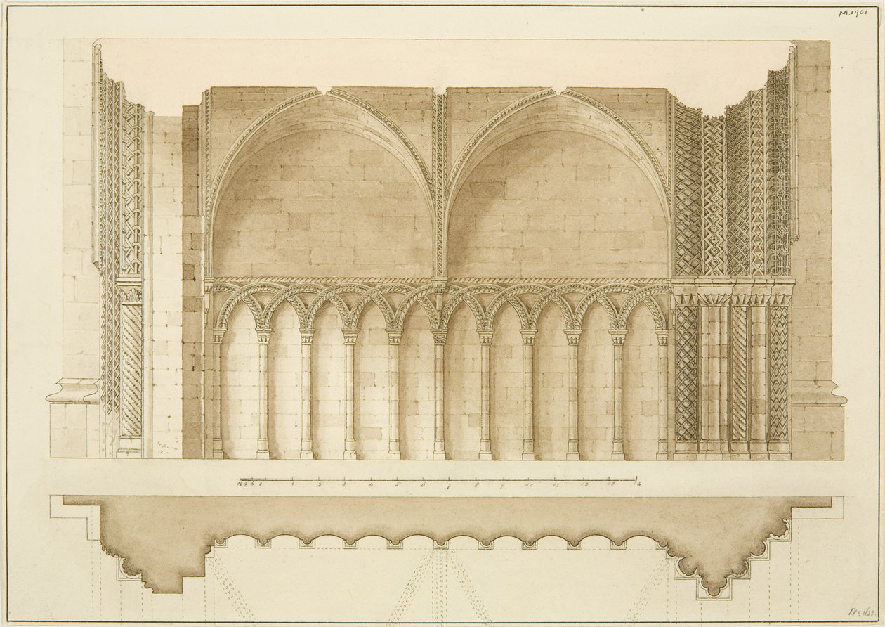 College Gateway, seksjon og plan (blyant og akvarell på papir) av Frederick Mackenzie