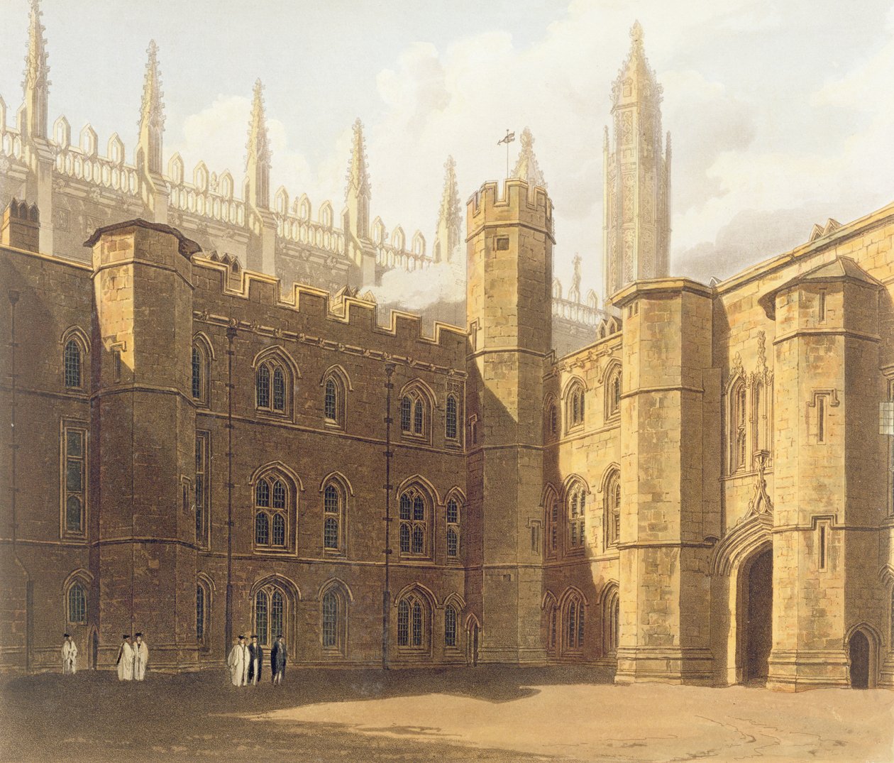 Court of King's College, Cambridge, fra 'The History of Cambridge', gravert av Daniel Havell (1785-1826), pub. av R. Ackermann, 1815 (fargeakvatint) av Frederick Mackenzie