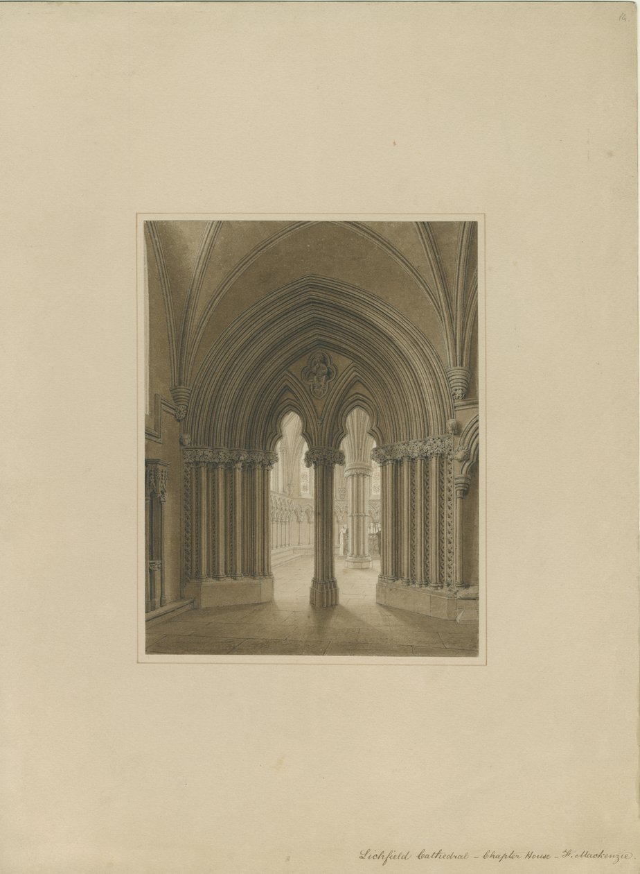 Interiør i Lichfield Cathedral - Chapter House-døråpning: sepia-tegning, og [c 1820] av Frederick Mackenzie