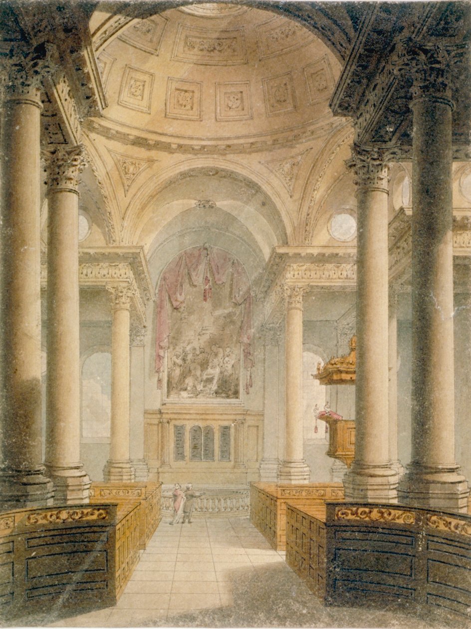 Interiør av Church of St Stephen Walbrook, City of London, 1810 av Frederick Mackenzie