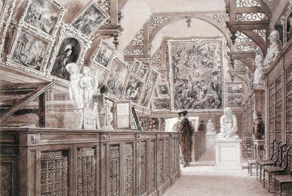 Interiør av Old Perse School, med et utvalg av Lord Fitzwilliams legat vist (blyant, pensel og vask på papir) av Frederick Mackenzie