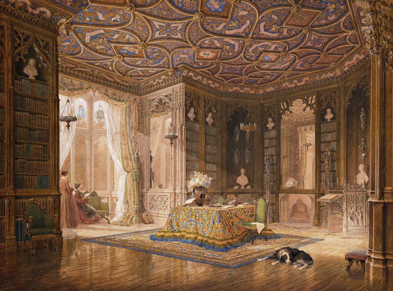 The Library of Stanmore Hall, setet til Robert Holland, Esq, av Frederick Mackenzie