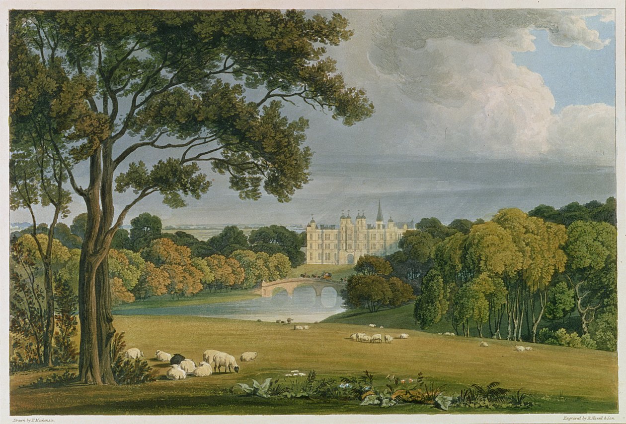 Utsikt over Burghley House, sete for markisen av Exeter, gravert og utgitt av Robert Havell (1769-1832), 1819 (fargegravering) av Frederick Mackenzie