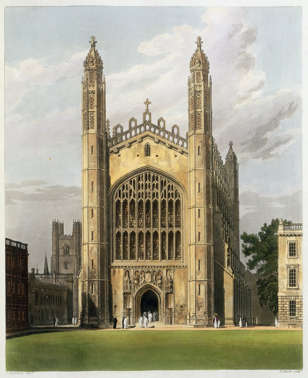 West End of King's College Chapel, Cambridge, fra 'The History of Cambridge', gravert av Daniel Havell (1785-1826), pub. av R. Ackermann, 1815 (fargeakvatint) av Frederick Mackenzie