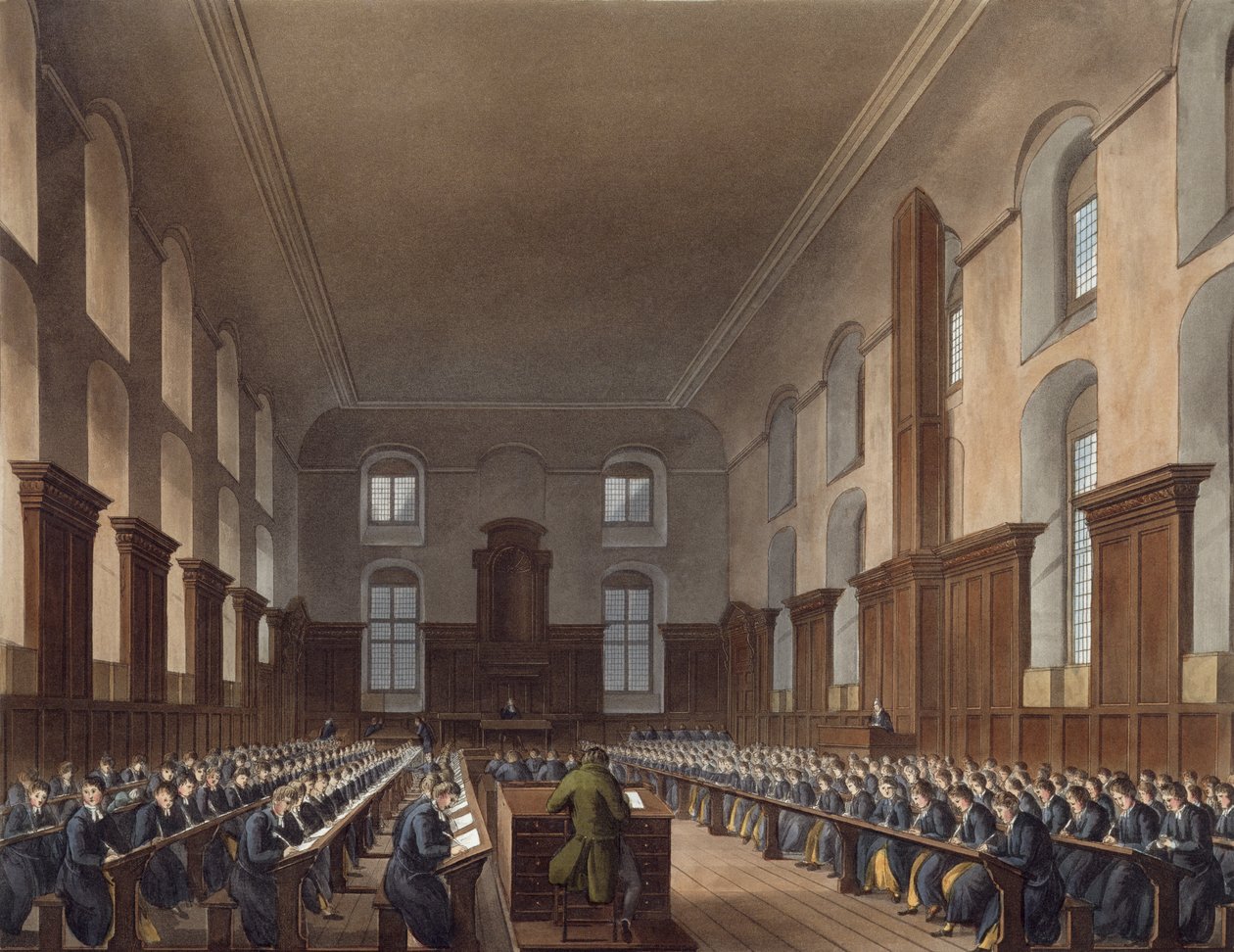 Writing School, Christ Hospital, fra Ackermanns 'History of Christ Hospital', en del av 'History of the Colleges', gravert av J. Stadler, utgitt 1816 (akvatint) av Frederick Mackenzie