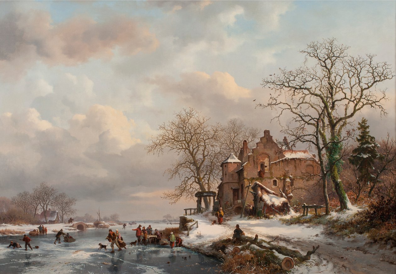 Et vinterlandskap med skatere på en frossen elv, 1862 av Frederick Marianus Kruseman