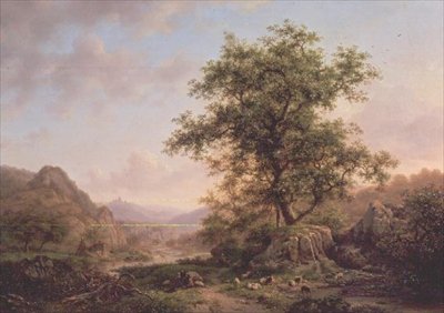 Skoglandskap med bønder og dyr på stien av Frederick Marianus Kruseman