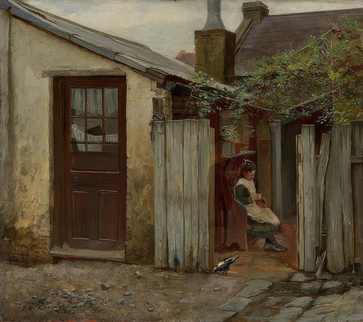 Jente med fugl foran King Street Bakery. 1886 av Frederick McCubbin