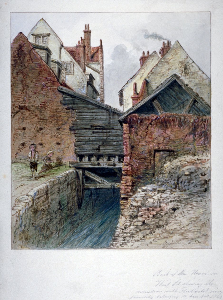 Utsikt over baksiden av et hus i Chick Lane, som viser Fleet Ditch, City of London, 1844 av Frederick Napoleon Shepherd