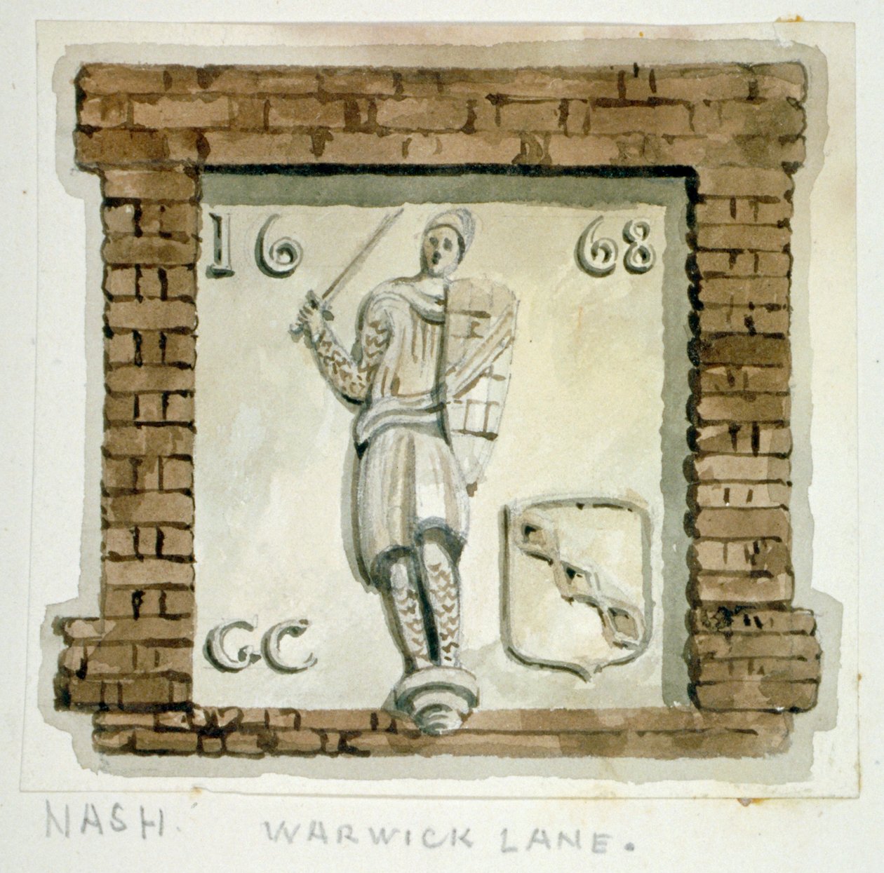 Figur av Guy, Earl of Warwick, på veggen til et hus i Warwick Lane, City of London, c1820. av Frederick Nash