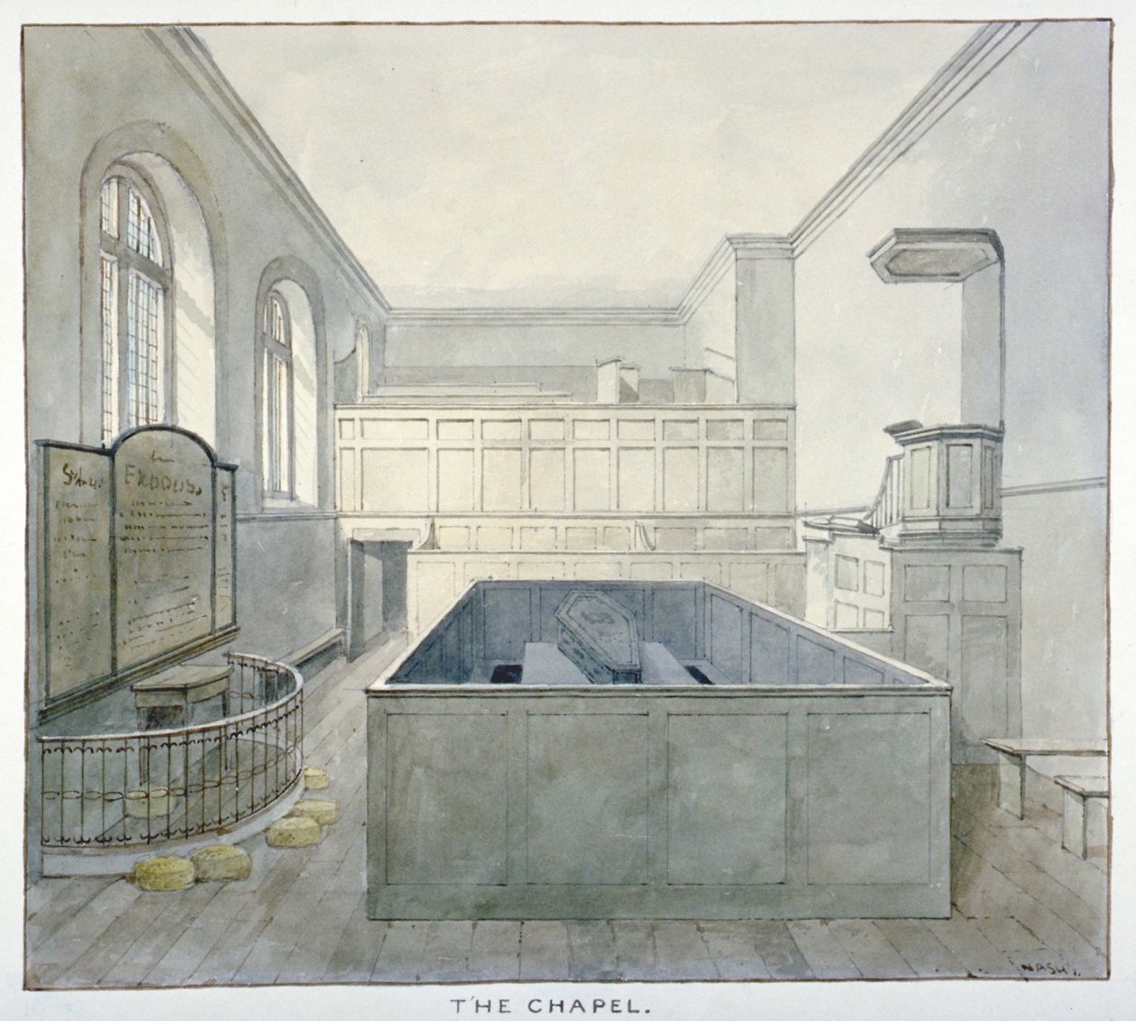 Innvendig utsikt over kapellet i Newgate Prison, Old Bailey, City of London, 1840 av Frederick Nash