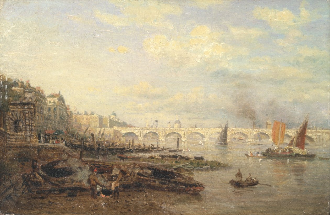 Themsen og Waterloo Bridge fra Somerset House, ca. 1820-30 (olje på panel) av Frederick Nash