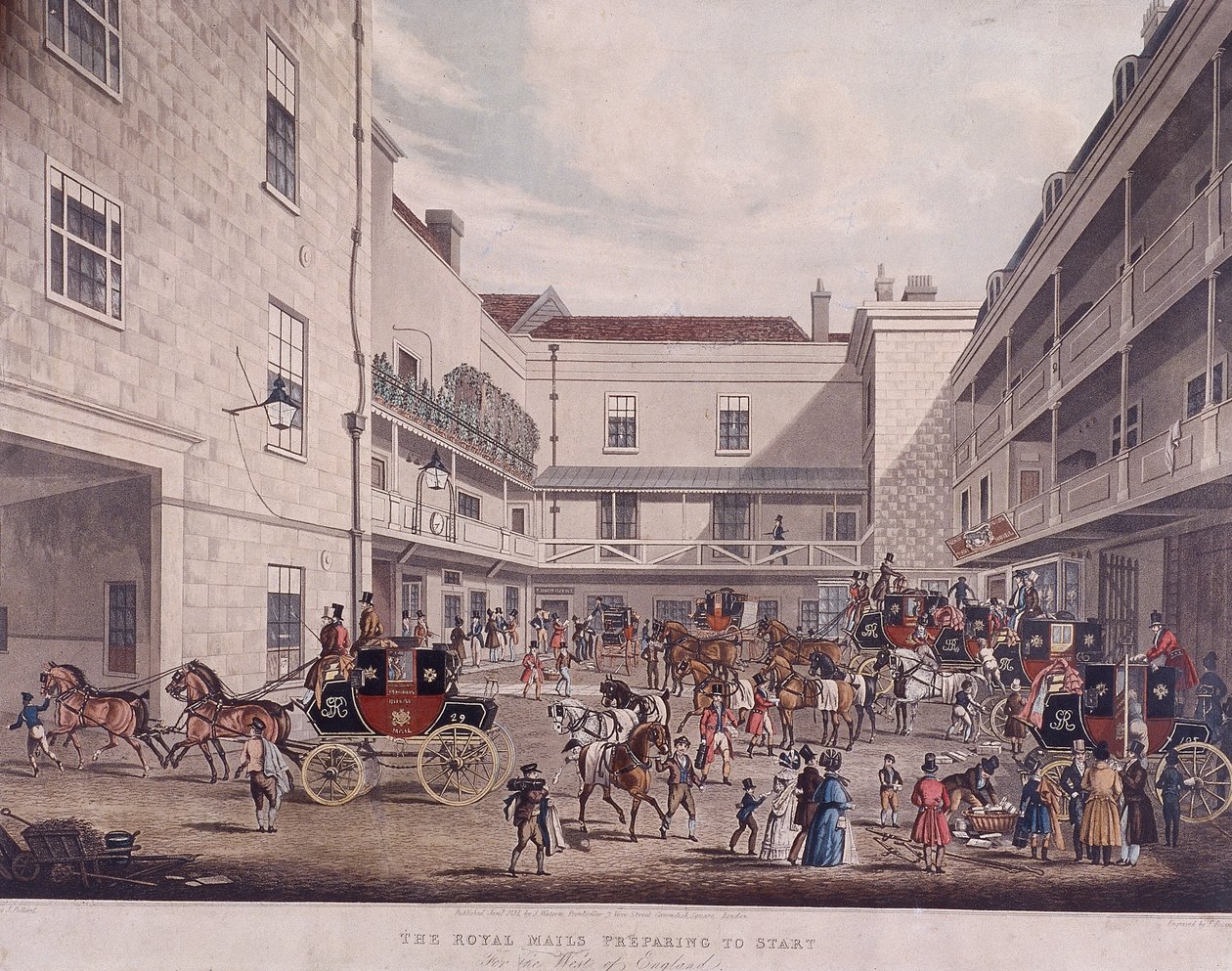 Royal Mail Coaches på Lad Lane, London, 1831 av Frederick Rosenberg