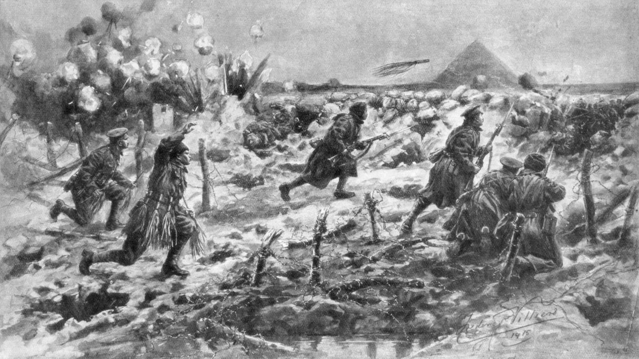 Et britisk angrep med bajonetten og granaten, Neuve-Chapelle, Frankrike, 10. mars 1915, 1926. av Frederick Villiers