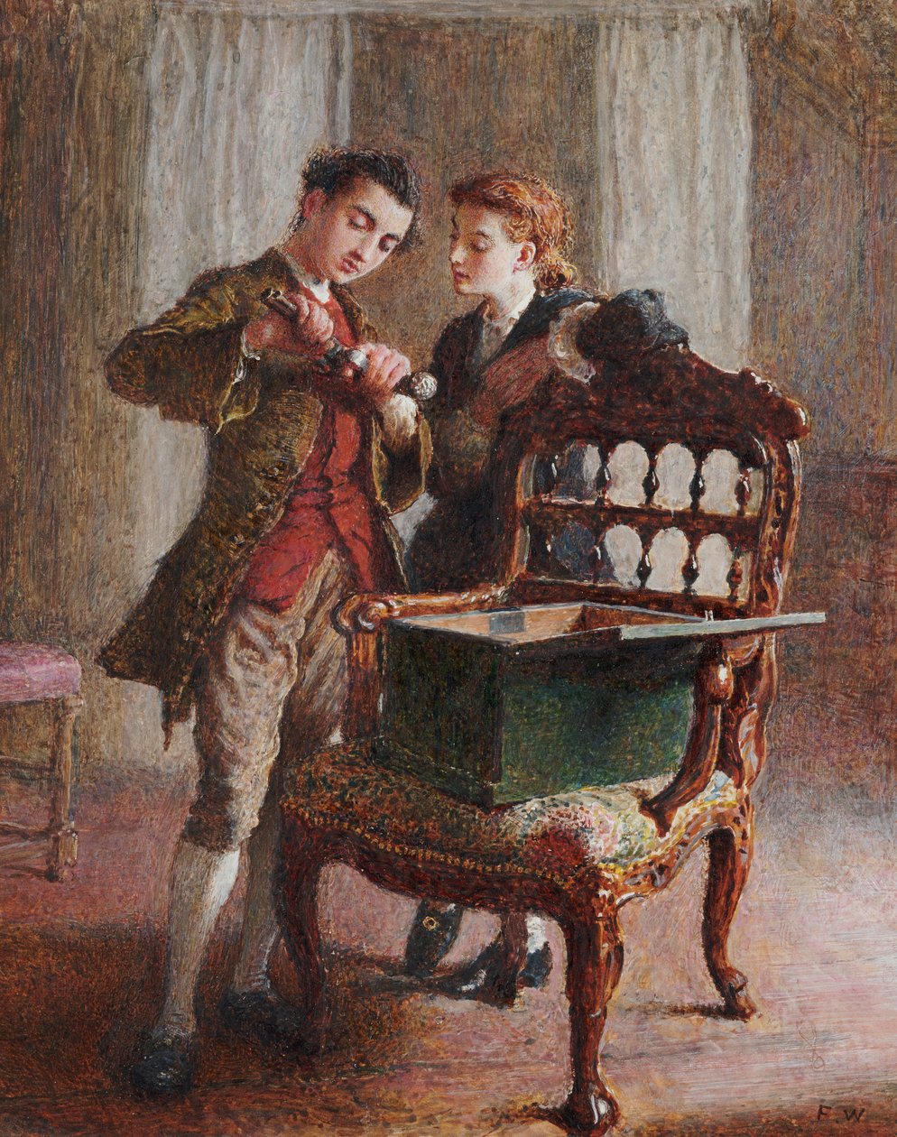 En salongscene med en imponerende åpen lenestol av Frederick Walker