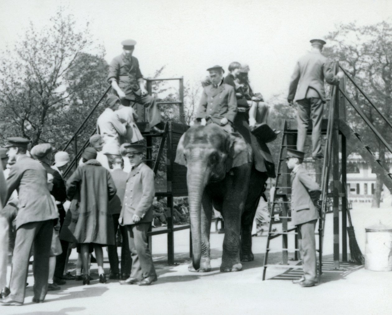 Besøkende som står i kø for en elefanttur mens andre legger ut, med hjelp av fem voktere, London Zoo, 1927 av Frederick William Bond