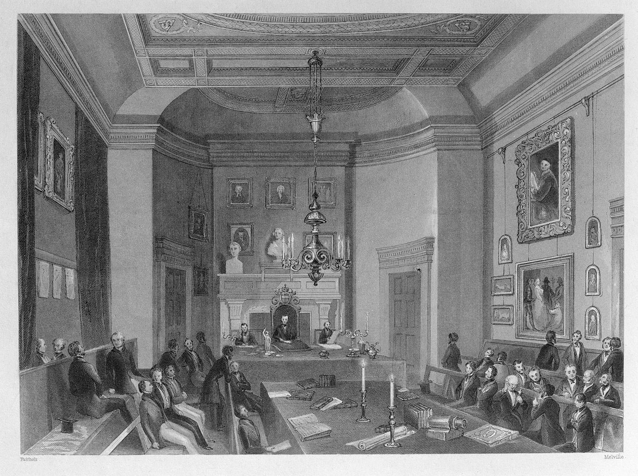 Utsikt over interiøret i Somerset House, viser et møte med Royal Antiquarian Society, ca. 1840 av Frederick William Fairholt