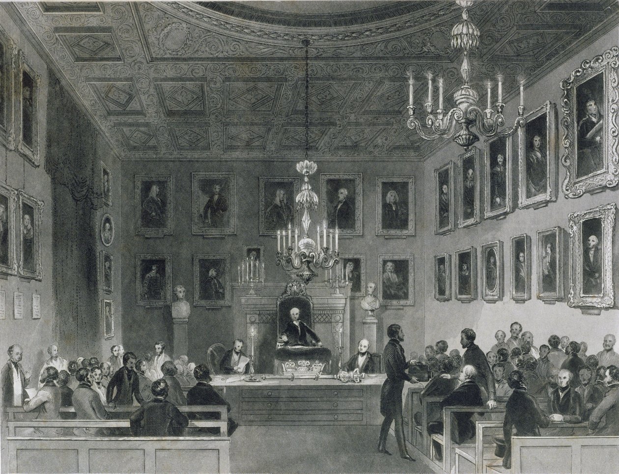 Utsikt over interiøret i Somerset House, viser et møte med Royal Antiquarian Society, ca. 1840 av Frederick William Fairholt