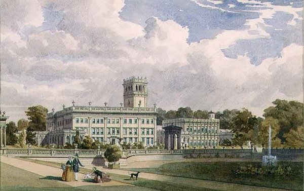 En utsikt over huset og hagen i Trentham, Staffs (blyant og akvarell) av Frederick William Hulme