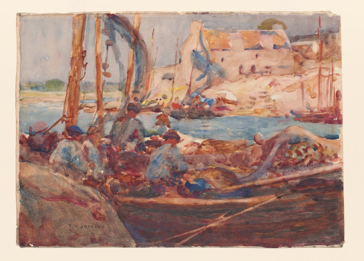 Sardinfiskebåter ved Concarneau, Bretagne, ca. 1900 (akvarell på papir) av Frederick William Jackson