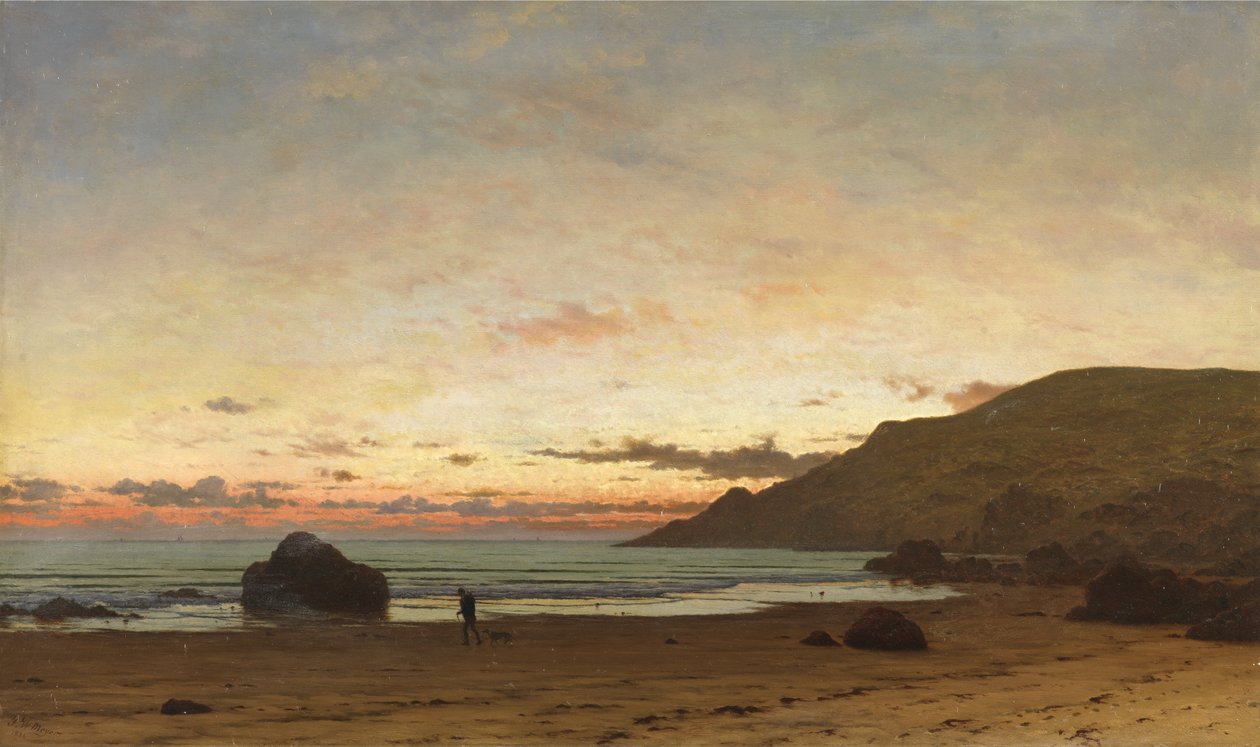 Kystscene med en mann og en hund, 1886 av Frederick William Meyer
