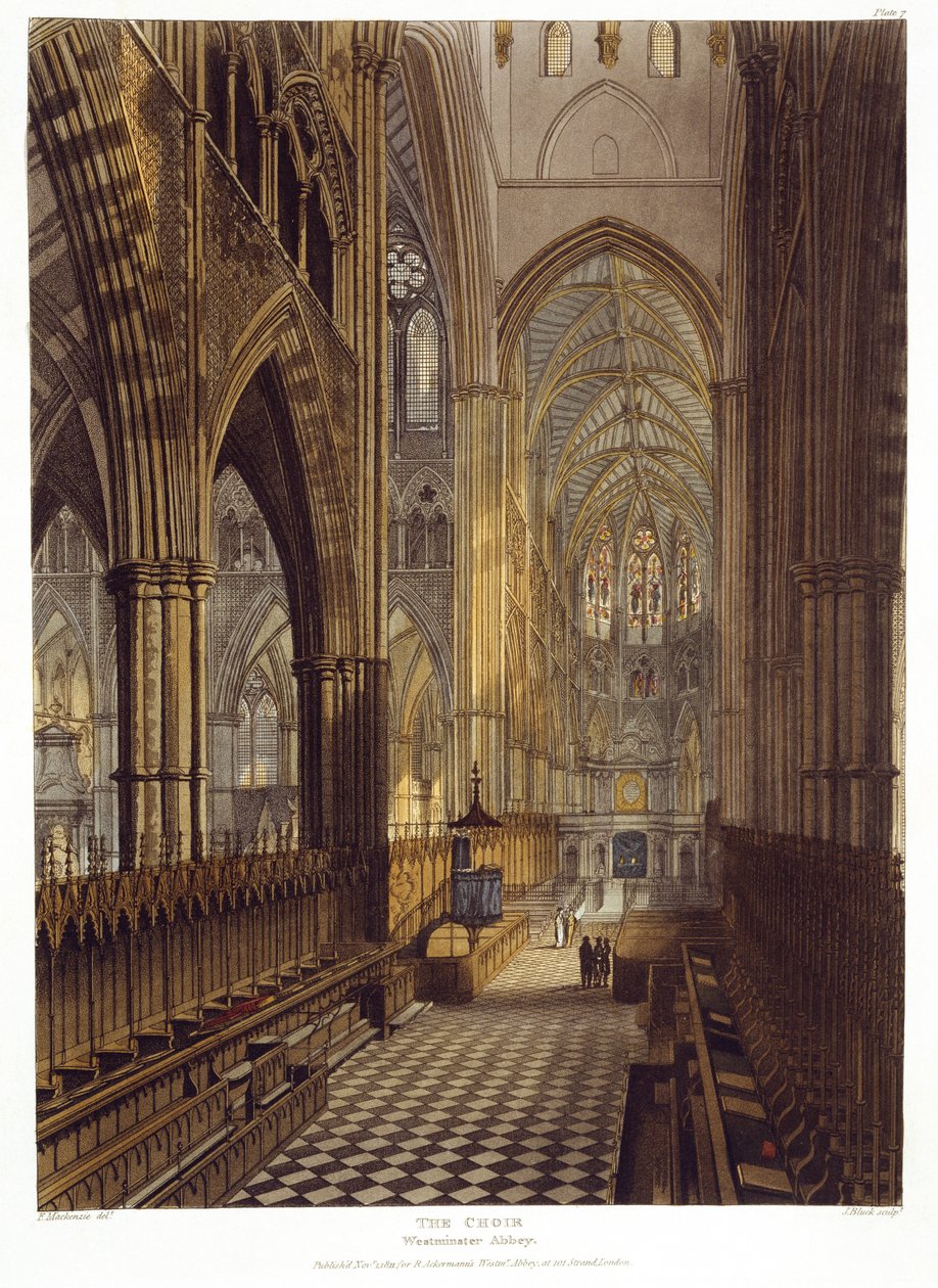 The Choir, plate 7 fra Westminster Abbey, gravert av J. Bluck (fl.1791-1831) pub. av Rudolph Ackermann (1764-1834) 1811 (akvatint) av Frederick after Mackenzie