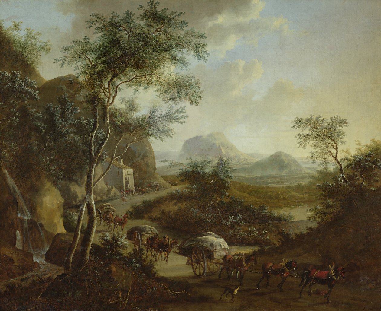 Landskap med en konvoi av hester og vogner av Frederick de Moucheron