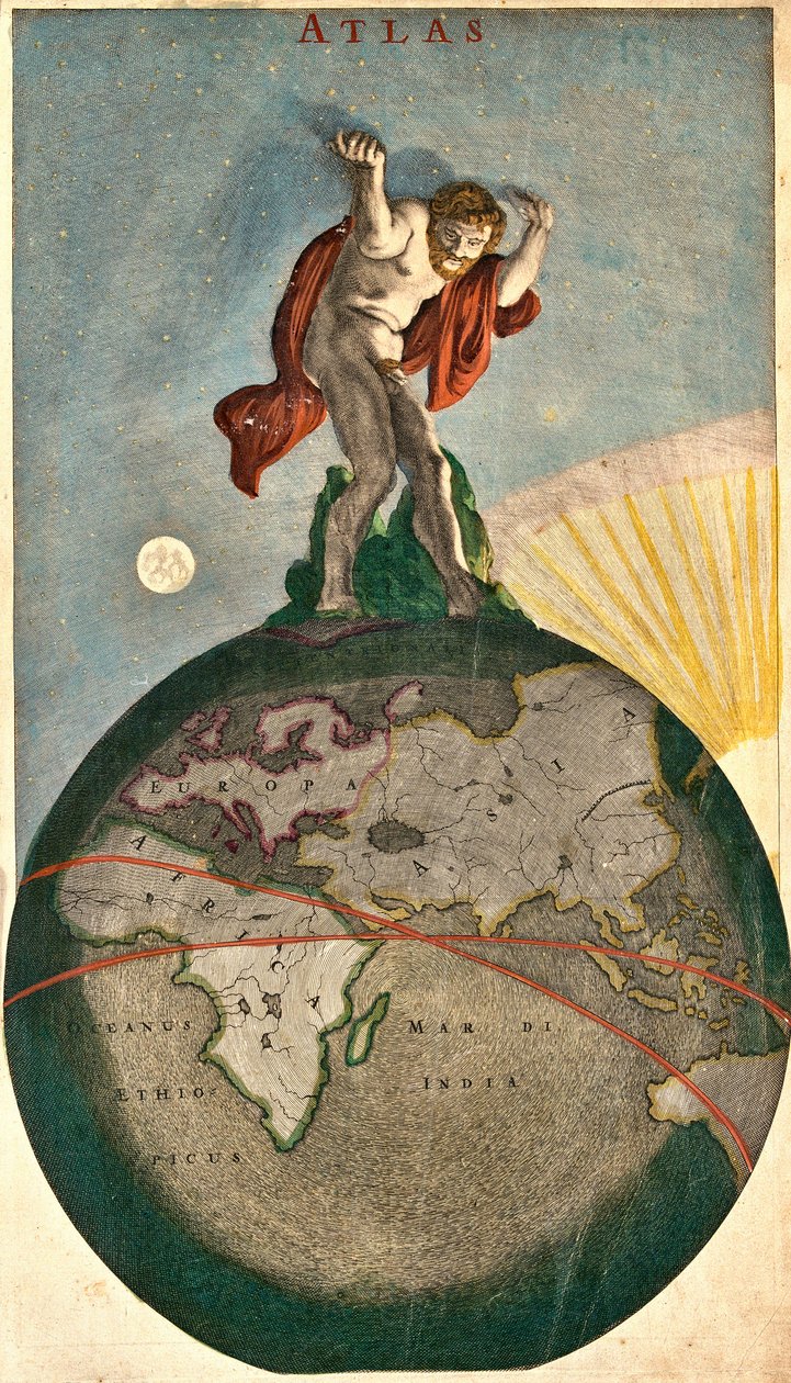 Atlas som støtter det himmelske hvelvet, løfter på jorden (etsing av Frederick de Wit