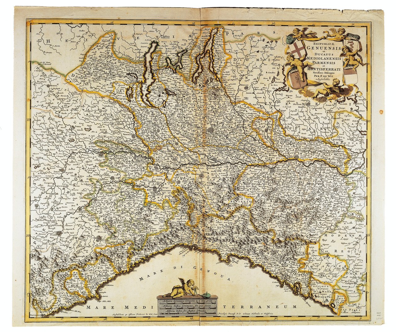 Republikken Genova, hertugdømmet Milano, Parma og Monferrato, Kart av Frederik de Wit, Amsterdam, Kobberstikk av Frederick de Wit