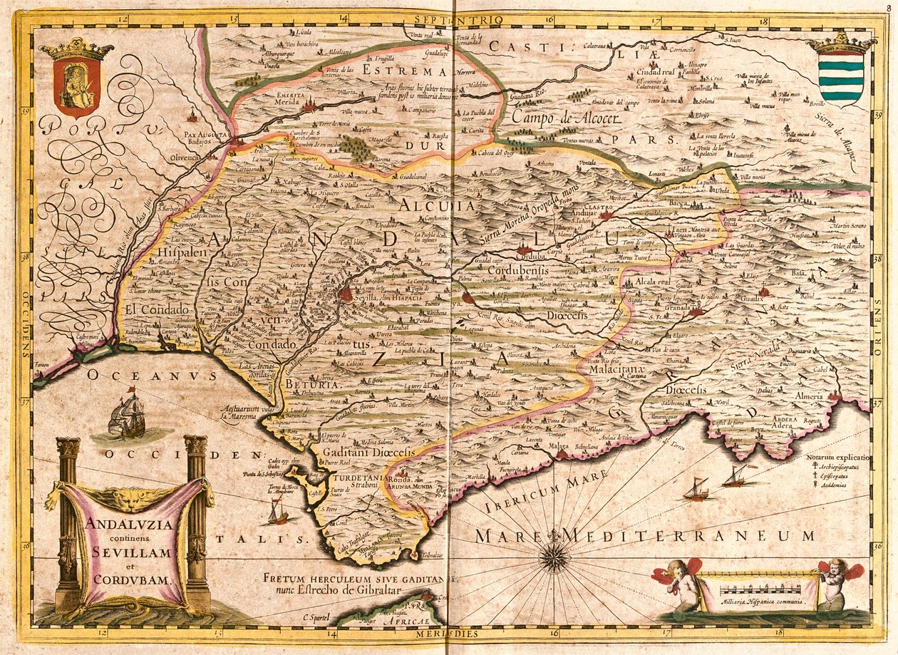 Kart over Andalusia, med Sevilla og Cordoba (Spania) (radering av Frederick de Wit
