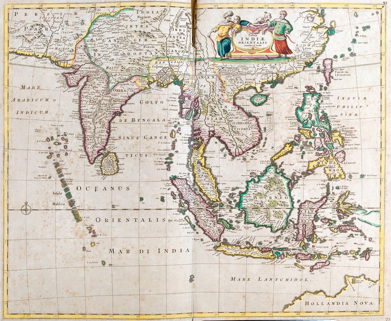 Kart over Øst-India (Sør- og Sørøst-Asia: Pakistan, India, Nepal, Bangladesh, Burma, Sri Lanka, Thailand, Malaysia, Vietnam, Kambodsja, Laos, Filippinene, Singapore og Indonesia) (radering) av Frederick de Wit