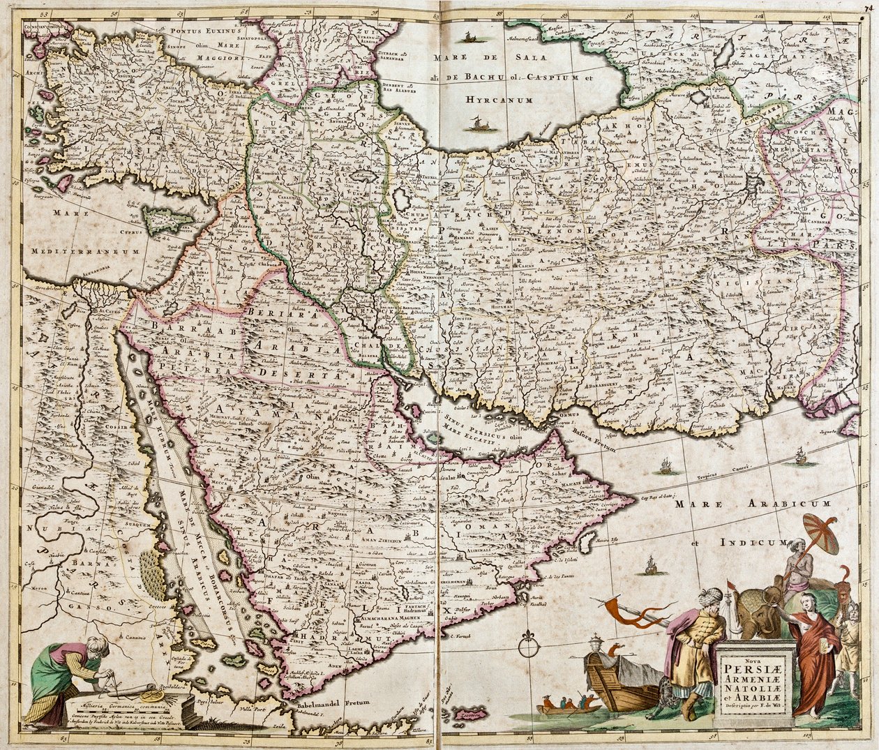 Kart over Persia (Iran), Armenia, Anatolia (Tyrkia)) og Arabia (den arabiske halvøy: Saudi-Arabia, Kuwait, De forente arabiske emirater, Oman, Qatar, Yemen, Bahrain) (radering) av Frederick de Wit