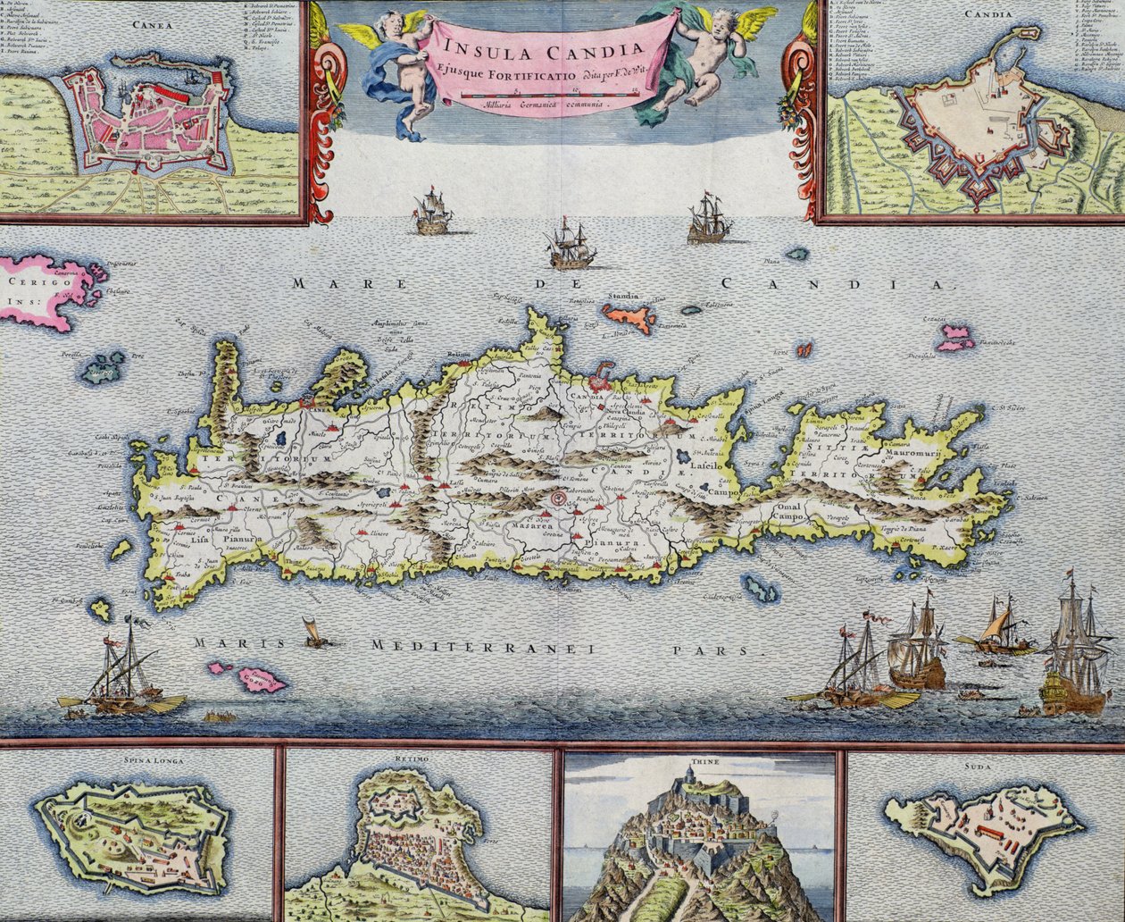 Kart over øya Candia (Kreta) med havnen Herakleion, ca. 1680 av Frederick de Wit
