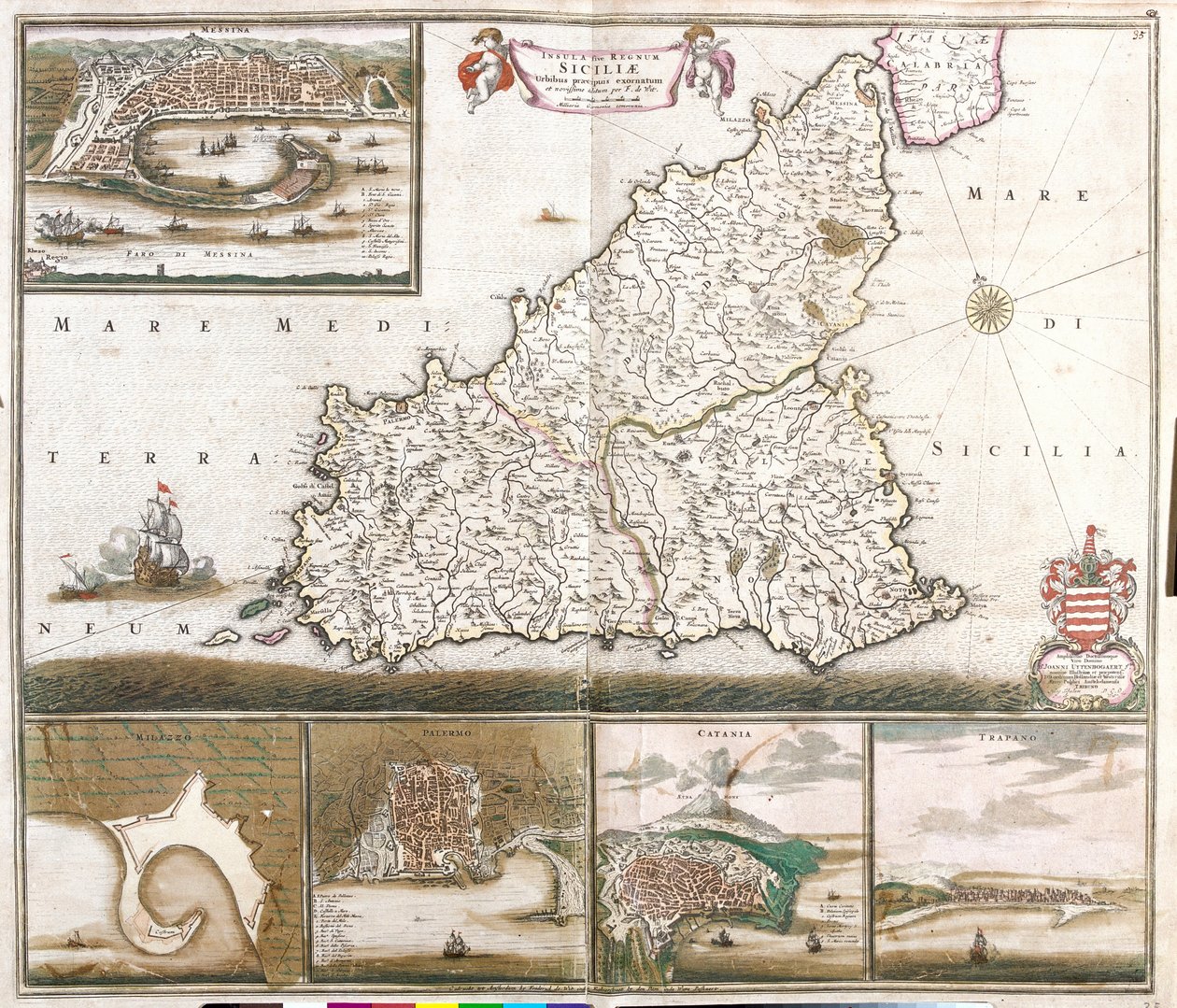 Kart over kongeriket Sicilia (Italia), med utsikt over byene Messina, Milazzo, Palermo, Catania og Trapano (radering av Frederick de Wit