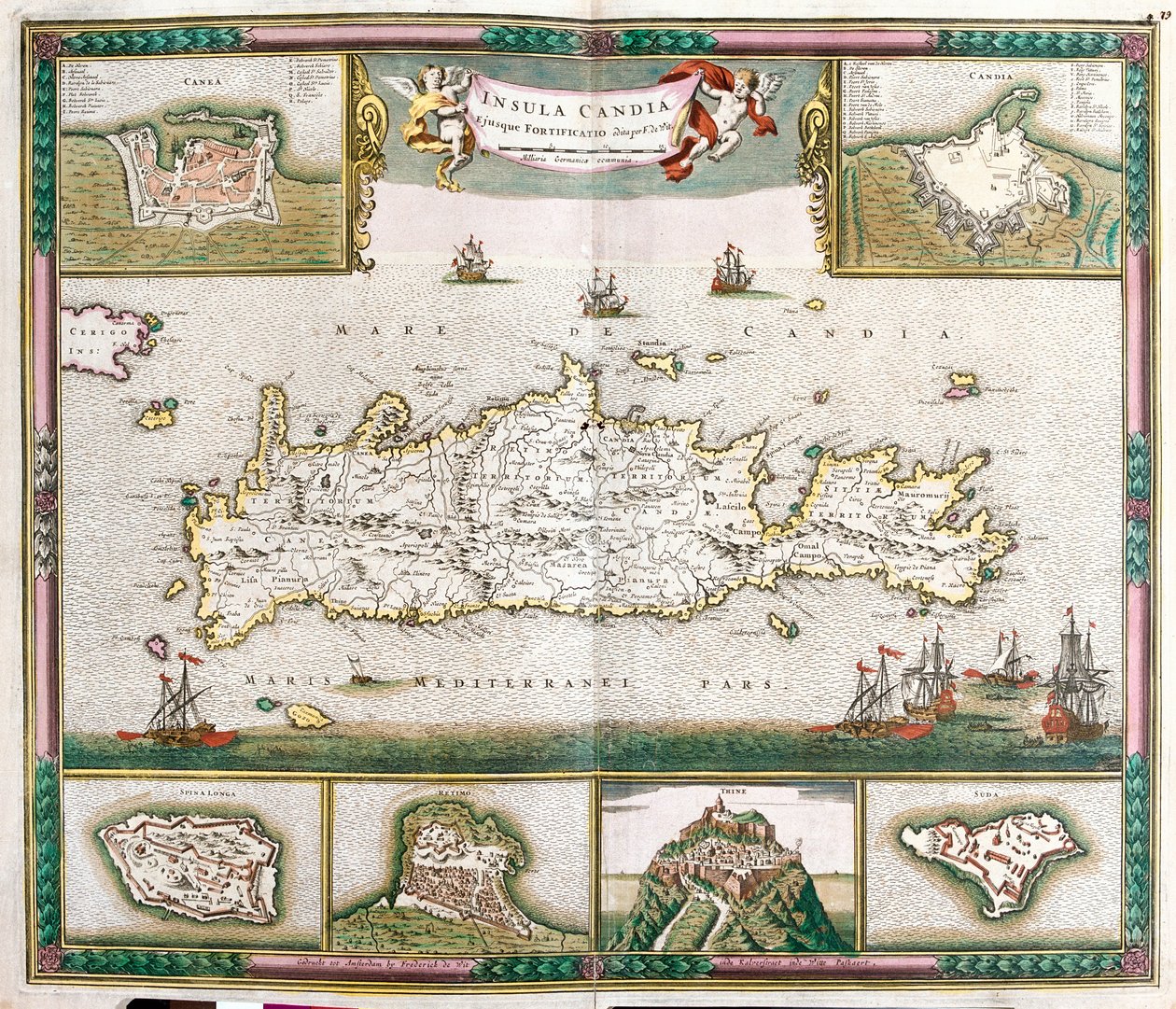 Kart over øya Kreta, med utsikt over de befestede byene La Cane og Heraklion og festningene Spinalonga, Retino, Thine og Souda (etsing av Frederick de Wit