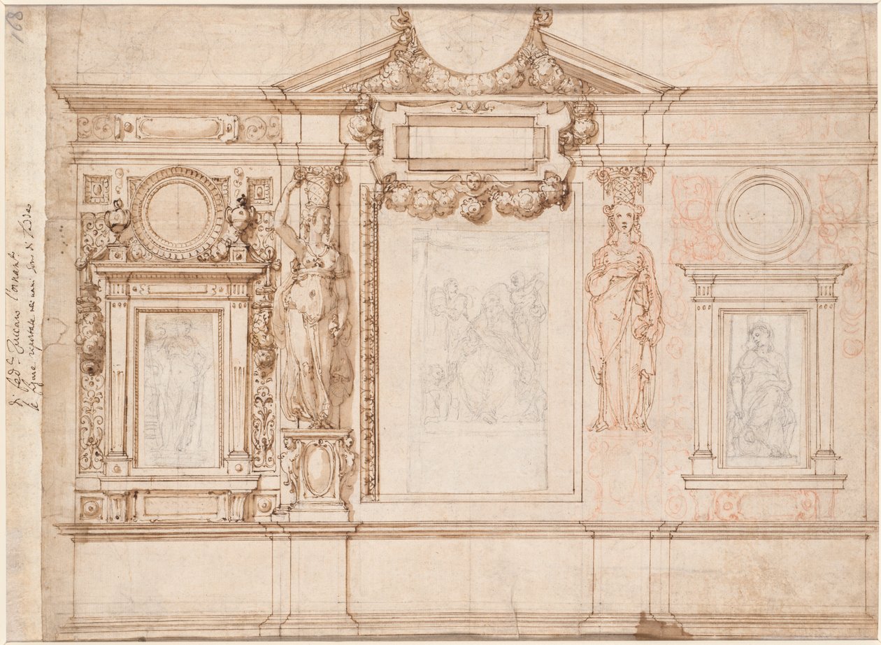 Design for a Wall Decoration with Pasted-in Sketches after Raphael verso, c. 1580s-90s.    1200770   no       norwegian Successfully Translated  Original: Cacoletière à la Tour (Woman Riding an Ass near a Tower) Translat: Cacoletière à la Tour (Woman Ridin av Frederico Zuccaro