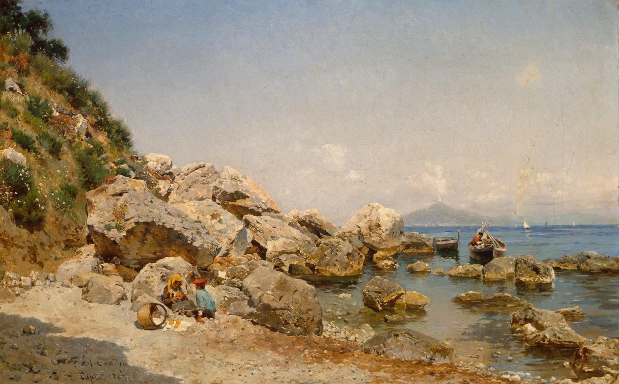 På stranden, Capri med Vesuv i bakgrunnen av Frederico del Campo