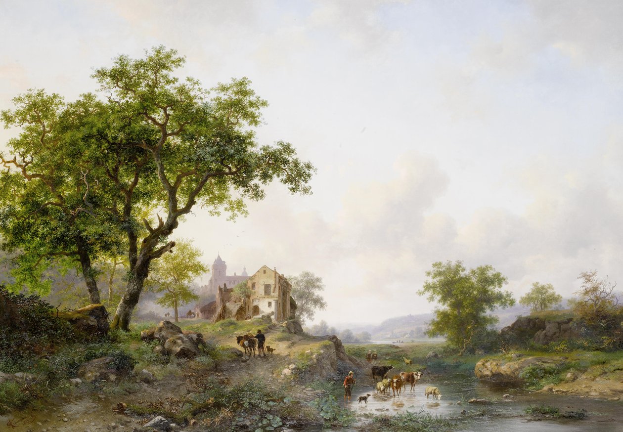 Sommerlandskap med storfe nær en elv av Frederick Marianus Kruseman