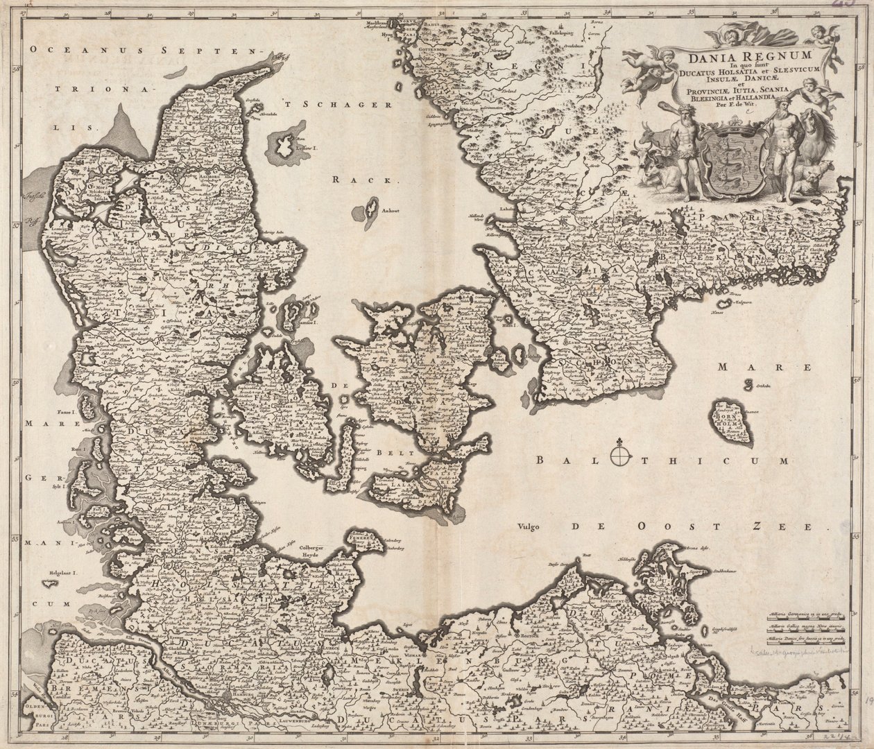 Danmark er kongeriket der hertugdømmet Holsatia og Slesvicus på De danske øyer og provinsene Jylland, Skåne, Blekingia og Hallandia er av Frederick de Wit