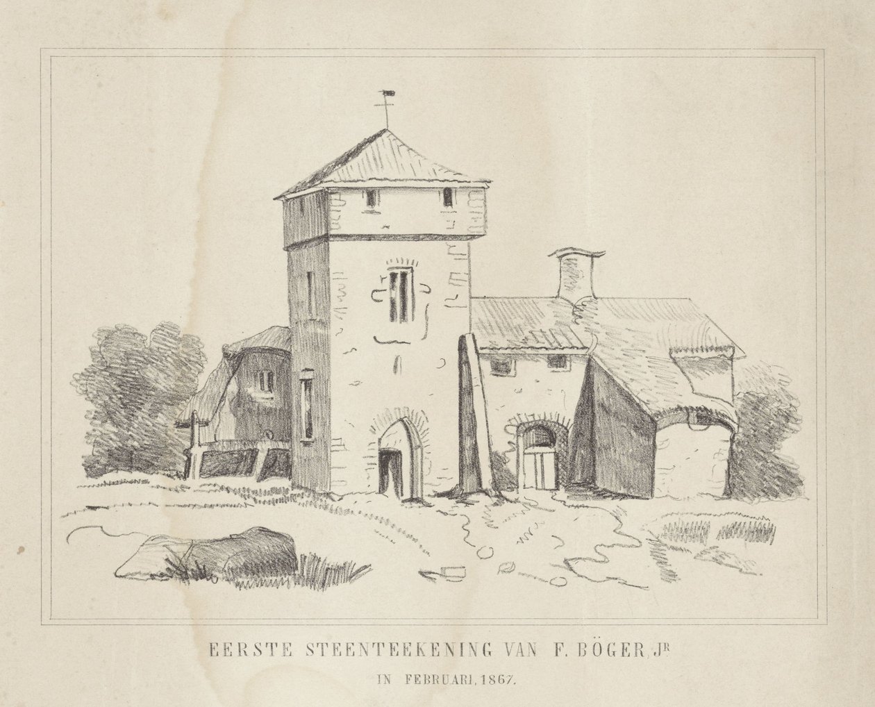 En bondegård Første steintegning av F. Börger Jr. (tittel på objekt) av Frederik Böger