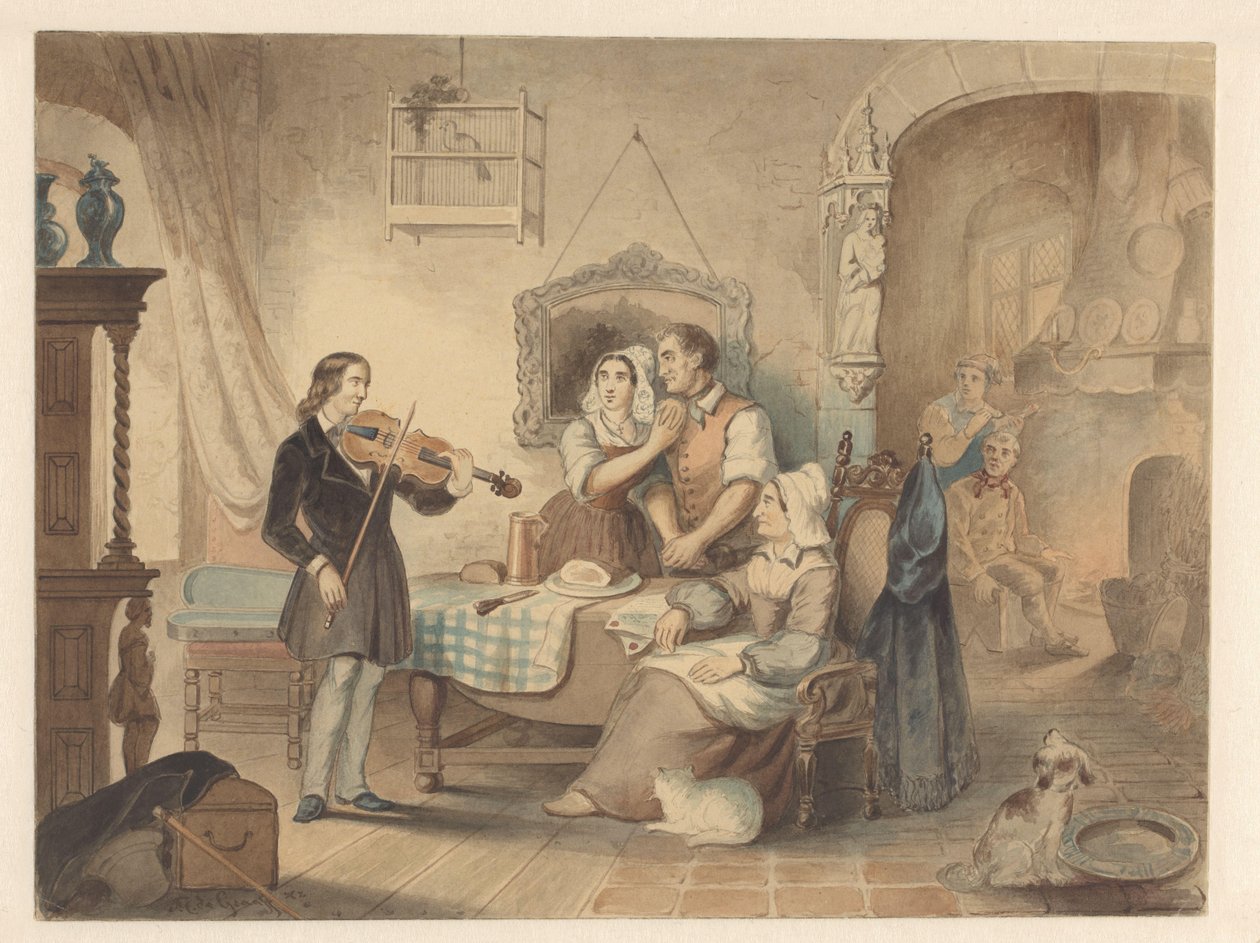 Charles Auguste de Bériot spiller fiolin for et selskap av Frederik Carel de Graaff (signed by artist)