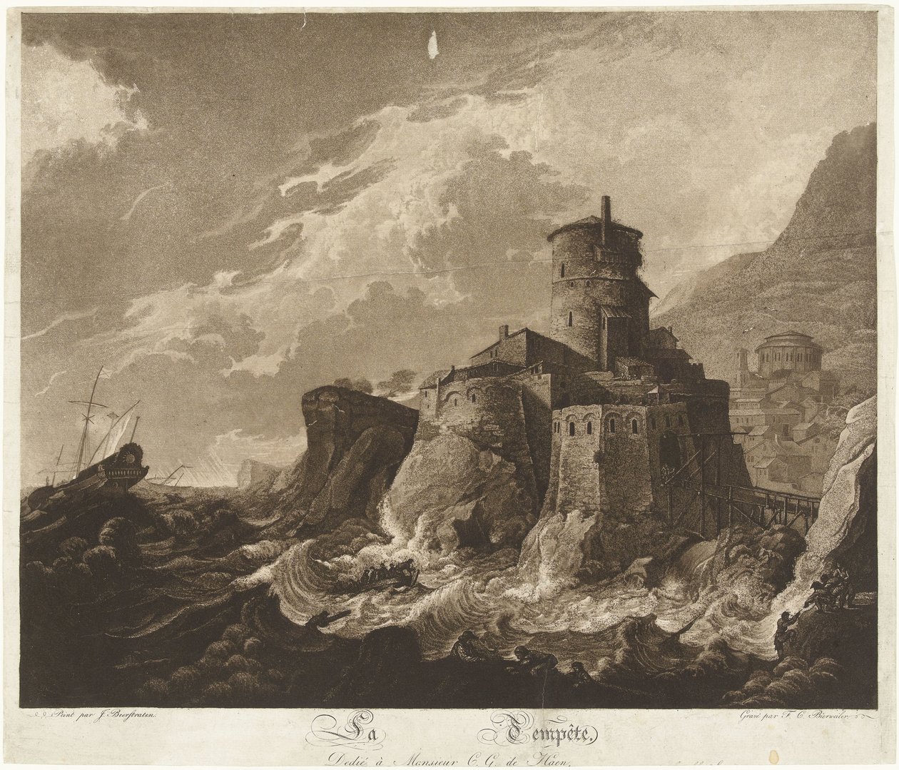 Slott på steinete kyst og skip i storm på havet La Tempête (tittel på objekt) av Frederik Christiaan Bierweiler
