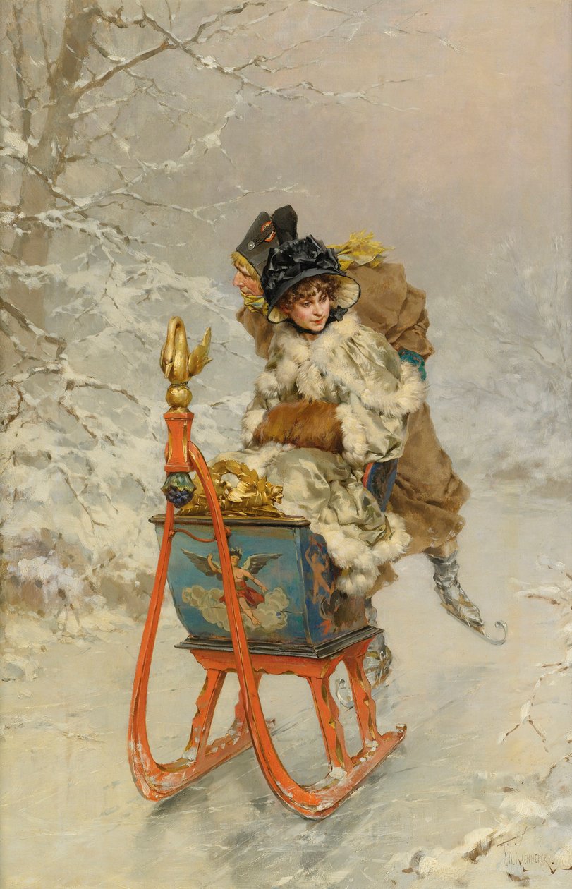 ""La promenade en luge"" (Sledeturen) Peinture de Frederik Hendrik Kaemmerer (1839-1902) - Olje på lerret, 59,9x40,1 - Privat samling av Frederik Hendrik Kaemmerer