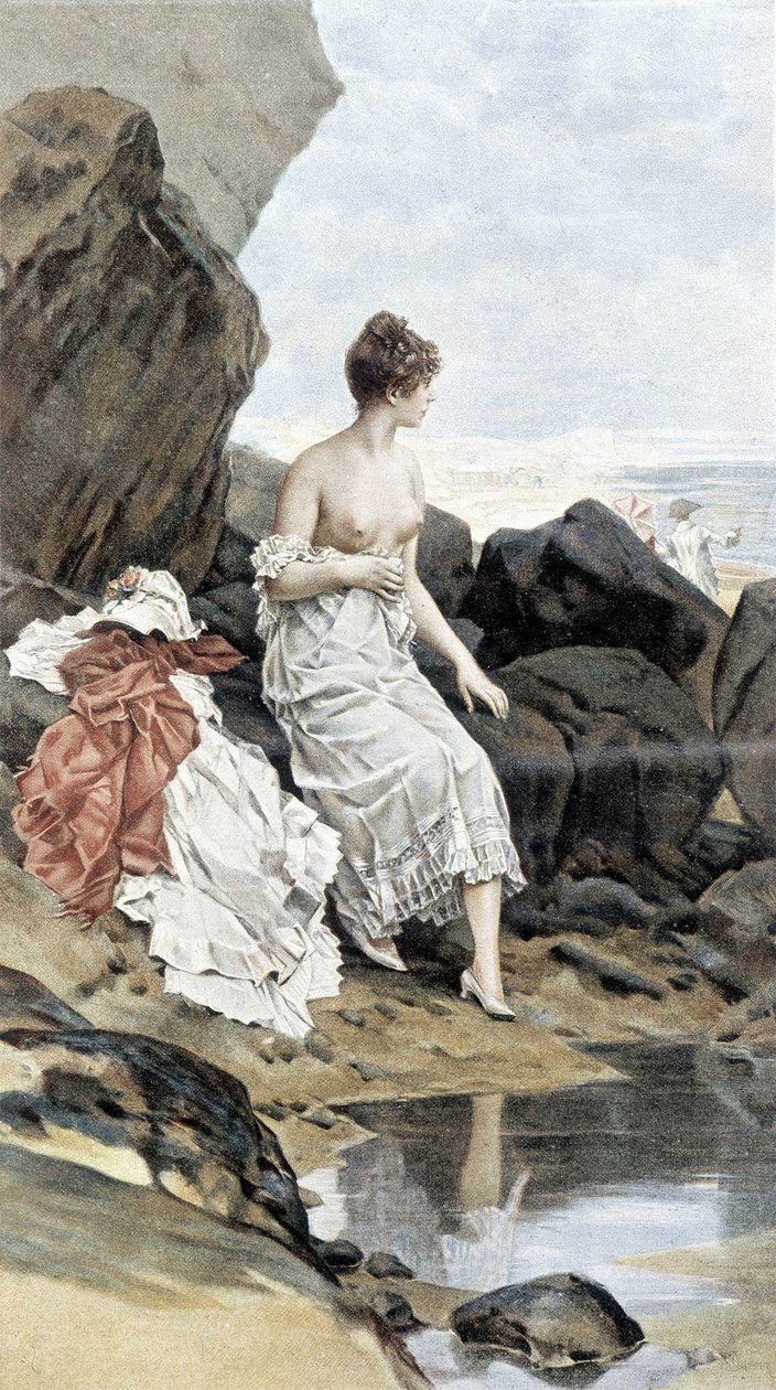 Kvinne ved havet som bader i skjul - allegori om sommeren, kalender illustrert av Hubert Dys, malt av F.H. Kaemmerer av Frederik Hendrik Kaemmerer