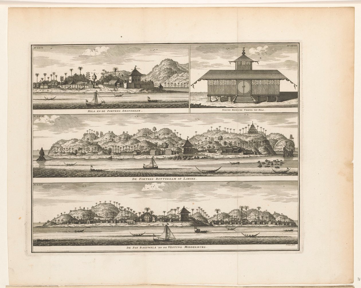Tre festninger på Ambon Hila, and the Fortres Amsterdam / New Moorsche Temple of Hila / The Fortres Rotterdam on Larike / De Pas Baguwala and the Vesting Middelburg (tittel på objekt) av Frederik Ottens